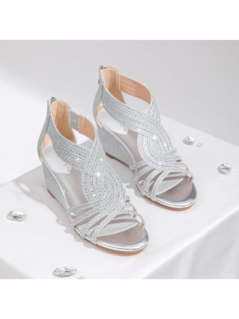 Women's Silver Sparkly Rhinestone Wedge Sandal Dressy Wedding Party Zipper Shoes - Picture 6 of 6